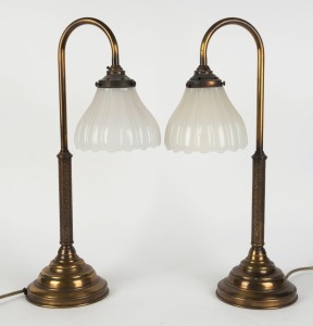 A pair of antique gooseneck table lamps with milk glass shades, 19th/20th, ​​​​​​​51cm high