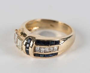 A 14ct yellow gold cocktail ring in the Art Deco style, set with sapphires and diamonds, 5.4 grams