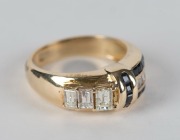 A 14ct yellow gold cocktail ring in the Art Deco style, set with sapphires and diamonds, 5.4 grams - 2