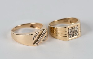 Two 9ct yellow gold gents rings, set with diamonds, 8.6 grams total