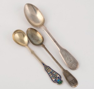 Three antique Russian silver spoons (one with enamel decoration), 19th century. Two examples made by Kuzmichev Antip Ivanovitch, and the other by Yashin Ivan Kuzmitch, the largest 14.5cm long, 60 grams total
