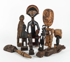 Ten assorted tribal sculptures including Fanti fertility dolls, figural statues etc, carved wood, African origin, ​​​​​​​the largest 40cm high