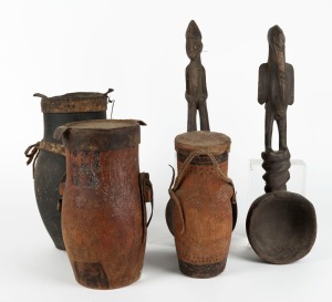 Three East African food storage containers, and two carved wooden spoons, (5 items), ​​​​​​​the largest 42cm high