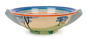  CLARICE CLIFF "Blue Firs" English porcelain fruit bowl, circa 1925, stamped "Bizarre By Clarice Cliff, Newport Pottery, England, Hand Painted, Made In England", ​​​​​​​8cm high, 28cm wide