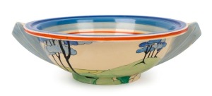 CLARICE CLIFF "Blue Firs" English porcelain fruit bowl, circa 1925, stamped "Bizarre By Clarice Cliff, Newport Pottery, England, Hand Painted, Made In England", 8cm high, 28cm wide