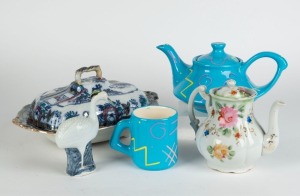 Antique English porcelain tureen, teapot, bird statue, "Monkey" pottery teapot and mug, 19th and 20th century, (5 items), ​​​​​​​the tureen 32cm wide