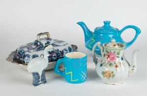 Antique English porcelain tureen, teapot, bird statue, "Monkey" pottery teapot and mug, 19th and 20th century, (5 items), the tureen 32cm wide