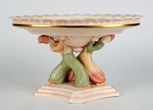 AMPHORA Art Deco style porcelain compote with figural base, circa 1920s, circular factory mark to base, stamped "Made In Czechoslovakia" 21cm high, 34cm wide