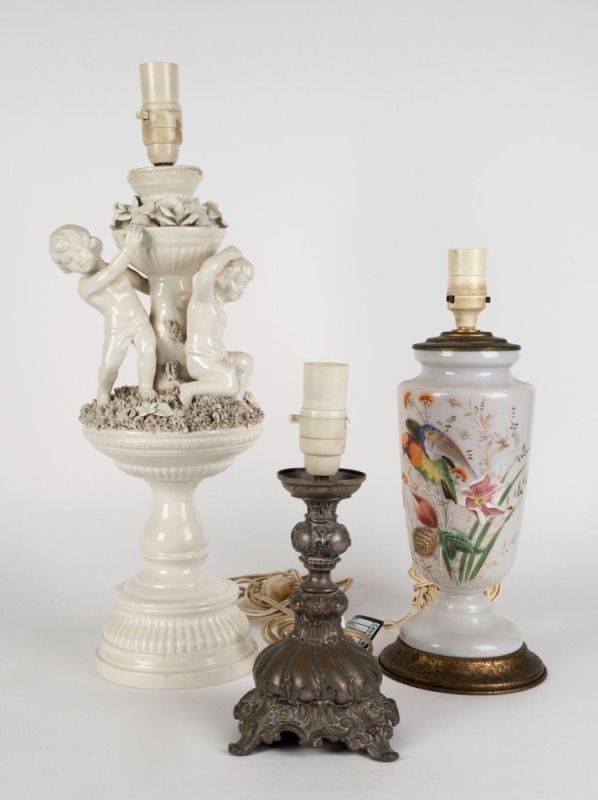 Three assorted lamps and shades, silver plated, hand-painted glass and ceramic, ​​​​​​​the largest base 47cm high