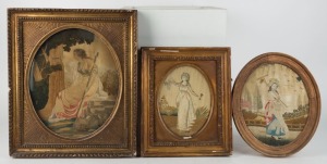 Three Georgian hand-embroidered female portraits in gilt frames, 18th/19th century, ​​​​​​​the largest 41 x 34cm overall