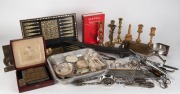 A box of sundries including games box, scabbard, wood ware etc