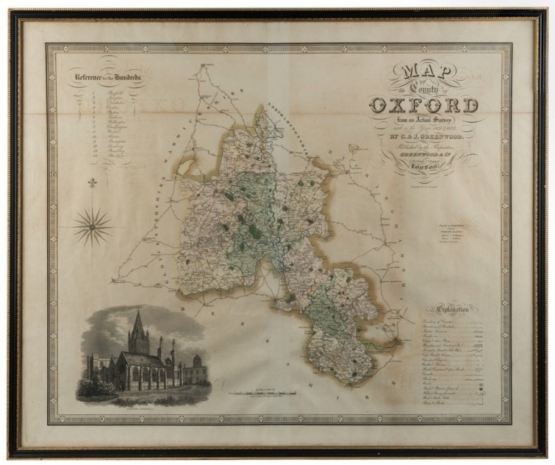 "Map Of The County Of Oxford From An Actual Survey Made In The Years 1831 & 1832" by C. and J. Greenwood published by the proprietors Greenwood & Co, London [April 1834], ​​​​​​​framed 68 x 81 cm overall