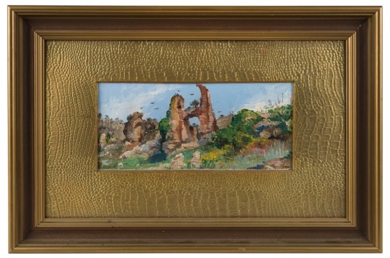 ARTIST UNKNOWN,  (the Roman ruin), oil on canvas board, signed lower right (illegible), ​​​​​​​10 x 23cm, 29 x 43cm overall