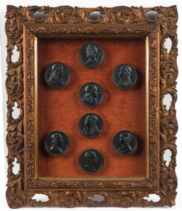 GRAND TOUR group of eight painted chalk ware medallions framed and mounted as one, 19th century,  33 x 29cm overall