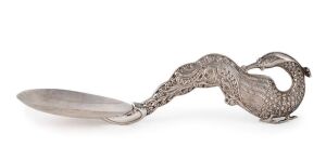 An Asian silver serving spoon with phoenix handle, 20th century, 30cm long, 160 grams