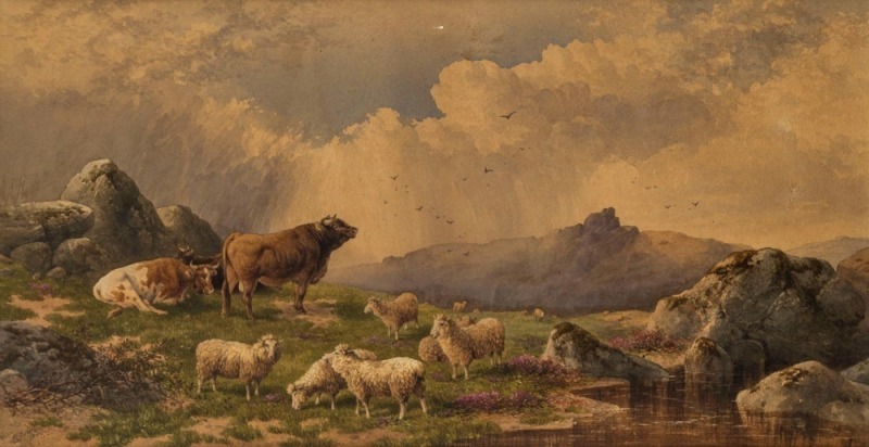 CHARLES EDWARD BRITTAN (1837 - 1888) Sheep and cattle in a mountain landscape, watercolour, signed and dated 1875 lower left, 32 x 60cm; framed 