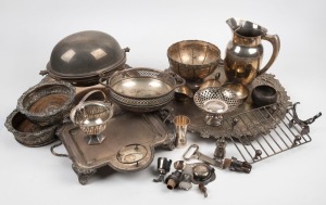 Silver plated trays, serving dishes, bar ware, bottle coasters etc, 19th and 20th century, (20 items), the largest tray 47cm wide