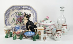 Meat platter, tureen, tea and coffee ware, Chinese ornaments, cast iron cat doorstop, decanter, Royalty ware, cream jug and saucer etc (29 items)