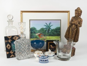 Decanters, bar ware, fondue in box, "Salami" post-it notes, carved wooden statue with gilt finish, porcelain lidded dishes, framed watercolour painting, glass ice bucket, framed horse ornament and decorative picture frame, 20th century, (14 items)