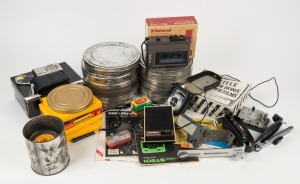 Film canisters, National mini recorder, NIKON Coolpix S510, filters, and assorted film and photography accessories