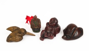 An antique Japanese carved boxwood netsuke in the form of a peach, a kingfisher netsuke, a carved and painted wood netsuke, together with a cast resin figure, 19th and 20th century, (4 items), the peach 5cm high
