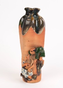 SUMIDA GAWA Japanese pottery vase with applied figures, early 20th century, signed "ISHIGURO KOKO", 24.5cm high