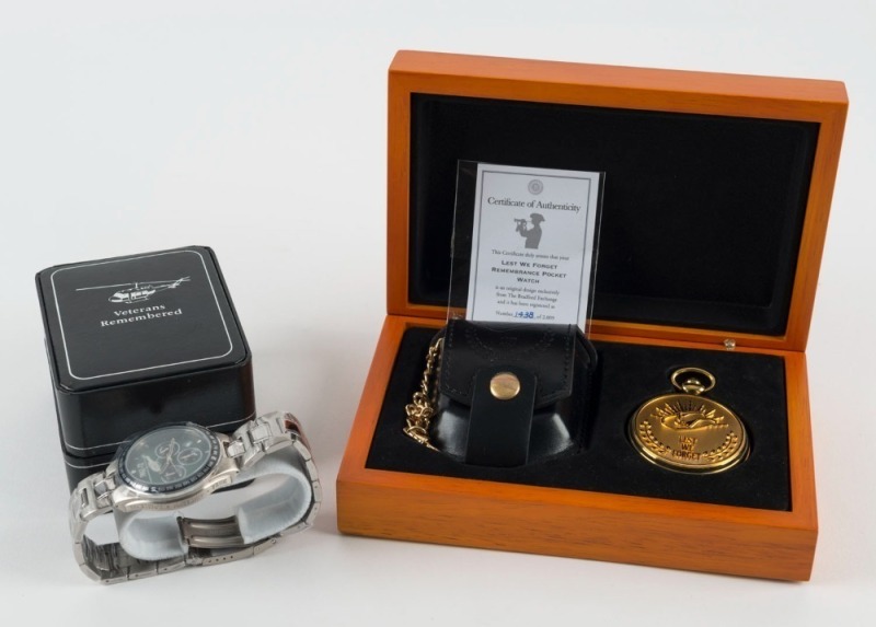 VIETNAM WAR "Veterans Remembered" wristwatch in box, together with a "Lest We Forget Remembrance Pocket Watch" in box, limited edition 1438/2000, (2 items)