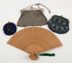 Three assorted vintage purses and a fan, 19th and 20th century, (4 items), ​​​​​​​the mesh purse 15cm wide