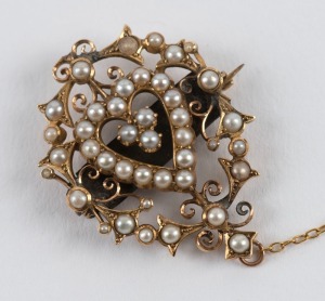 An antique heart-shaped 15ct gold and seed pearl brooch, circa 1900, ​​​​​​​3.5cm high