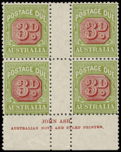 1931-36 (SG.D108) 3d Carmine & Yellow-Green, Ash Imprint block (N over EA) with variety "RA of AUSTRALIA joined". Superb & rare - 2 MUH, 2 MLH. BW:D118za.