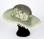 Three hand-made hats: I.) "COLETTE vintage inspired sun hat with fine woven crown, crinoline brim, hand-made flowers, lace and braid trim and silk lining. II.)  "CHLOE" vintage inspired cloche hat with rabbit fur felt body, velveteen ribbon, synthetic lin - 5