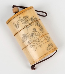 A Japanese carved bone inro engraved with erotic scenes, 20th century, 7cm high