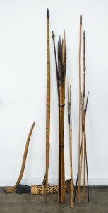 Assorted arrows, bow, axe and pick, ​​​​​​​The bow 174cm long