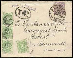 1904 (Nov.18) Melbourne to Hobart taxed cover franked 2d, annotated "over &frac12;oz" in pencil, with "T4D" oval in black. The top cover of a bundle of 5 similarly underpaid. The total postage due of 1/8, paid with an exceptional franking of a 6d emerald, perf 1