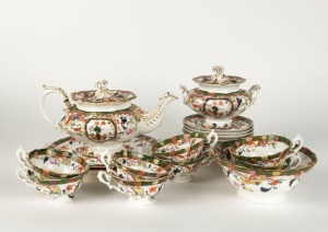 Antique English porcelain tea set for eight including teapot, sugar bowl, slops bowl, two cake plates, eight cups and nine saucers, early to mid 19th century, (22 items), ​​​​​​​the cake plates 24cm wide