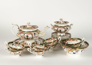 Antique English porcelain tea set for eight including teapot, sugar bowl, slops bowl, two cake plates, eight cups and nine saucers, early to mid 19th century, (22 items), the cake plates 24cm wide