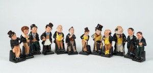 ROYAL DOULTON "CHARLES DICKENS" group of twelve porcelain figures including Trotty Veck, Dick Swiveller, Jingle, David Copperfield, Uriah Heep, Captain Cuttle, Stiggins, Pecksniff, Micawber, Pickwick, Sam Weller, and Artful Dodger the largest 11cm high