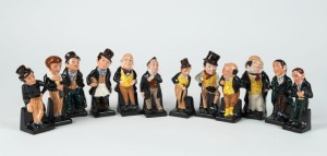 ROYAL DOULTON "CHARLES DICKENS" group of twelve porcelain figures including Trotty Veck, Dick Swiveller, Jingle, David Copperfield, Uriah Heep, Captain Cuttle, Stiggins, Pecksniff, Micawber, Pickwick, Sam Weller, and Artful Dodger the largest 11cm high