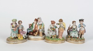 DRESDEN group of four German porcelain figural groups, 20th century, blue factory mark to the bases, ​​​​​​​the largest 12cm high