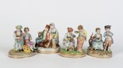 DRESDEN group of four German porcelain figural groups, 20th century, blue factory mark to the bases, ​​​​​​​the largest 12cm high