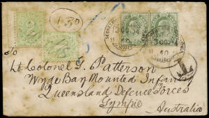 THIS AND THE FOLLOWING12 LOTS ARE NEWLY RELEASED FROM A LONG HELD FAMILY CORRESPONDENCE TO 'LONGMORE'S, The Melbourne Chemists, Melbourne"&nbsp;1904(Oct.3) taxed cover India to Gympie Qld., addressed to "Lt. Colonel G. Patterson / Wyde (Wide) Bay Mounted Infan