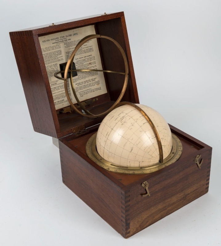 STAR GLOBE KELVIN AND HUGHES Ltd, celestial globe in original timber housing, 20th century, ​​​​​​​printed by George Philip & Son Ltd. the case 27cm wide