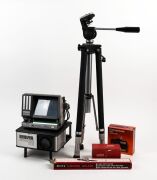 Assorted film and slide projectors and accessories, including EUMIG Mark 5, HANINEX 1000, screens, stands, HANIMEX E300 editor, EUMIG splicer, etc