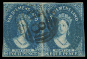 TASMANIA : TASMANIA: 1855 (SG.17) Star Wmk 4d deep blue pair, margins largely complete (just shaved at left), BN '68' cancel, Cat &pound;260+. Lovely deep colour. - 2