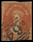 TASMANIA : TASMANIA: 1856-57 (SG.24) No Wmk Pelure Paper 1d deep-red brown, margins just shaving (at base) to very good, BN '64' cancel of Hobart, Cat &pound;750. Lovely rich colour.