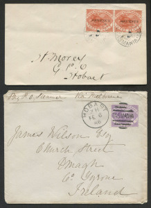 TASMANIA - Postal History: 1886 (Feb.6) cover to Ireland endorsed "By P. O. Steamer" and "Via Melbourne" with 6d Platypus Postal Fiscal tied by HOBART duplex, OMAGH arrival backstamp; also 1900 (Nov.30) 3d optd 'REVENUE' pair tied to local cover (unsealed flap) by Hobart datestamps. (2 covers)