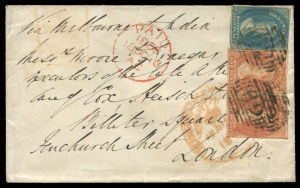 TASMANIA - Postal History: 1858 (Oct.18) cover to London endorsed "Via Melbourne & Aden" with Numeral Wmk imperf 1d brick-red pair (margins largely complete) & 4d blue cancelled by BN '62' obliterator of Hobart and partially tied by watery strike of HOBART large crown circle datestamp, LONDON 'PAID/1858/18OC18/AC' arrival datestamp, fine condition.