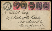 TASMANIA - Postal History: 1897 (May 19) triple-rate cover to England with attractive multicolour franking comprising Tablets 2&frac12;d pair & &frac12;d and Sidefaces 1d (2) cancelled by bold strikes of BN '62' obliterator with fine strike of 'NEW TOWN/MY19/97' datest