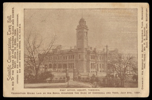 TASMANIA - Postal History : 1904 (Nov.23) illustrated postcard for the "Scientific Conversazione, Town Hall, in aid of the Funds of the Victoria Clock and Chimes" with image of Hobart Post Office, addressed to "Military Hospital, Middleburg, Cape Colony", card franked with 2½d Tablet tied by HOBART datestamp. Desirable combination of seldom-seen card to an unusual destination.