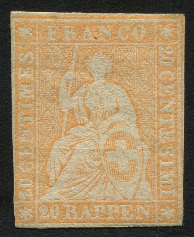 SWITZERLAND: 1854 (Mi.16 II) Standing Helvetia 20Rp yellow-orange, light horizontal crease, unused, Cat. €š¬380.